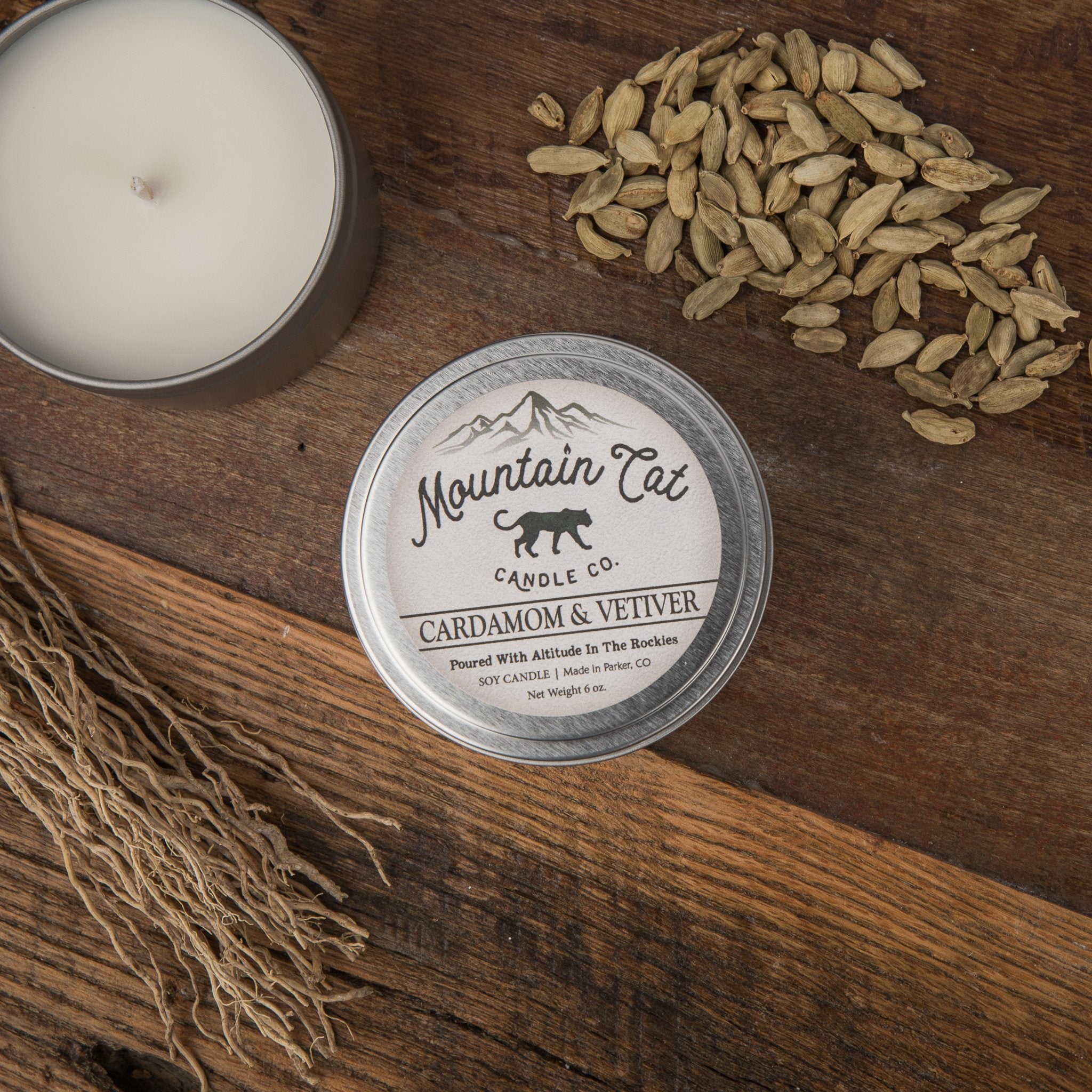 Cardamom & Vetiver - Rustic Cabin Collection Candles Mountain Cat Candle Co Rugged Metal Tin 