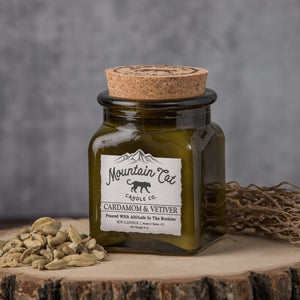 Cardamom & Vetiver - Rustic Cabin Collection Candles Mountain Cat Candle Co Vintage Green Apothecary Jar with Cork Lid 