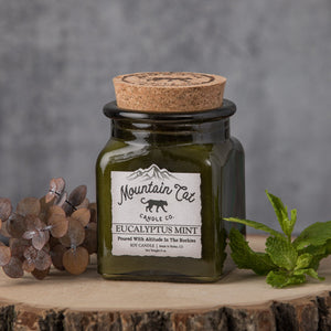 Eucalyptus + Mint - Rustic Cabin Collection Candles Mountain Cat Candle Co Vintage Green Jar with Cork Lid 