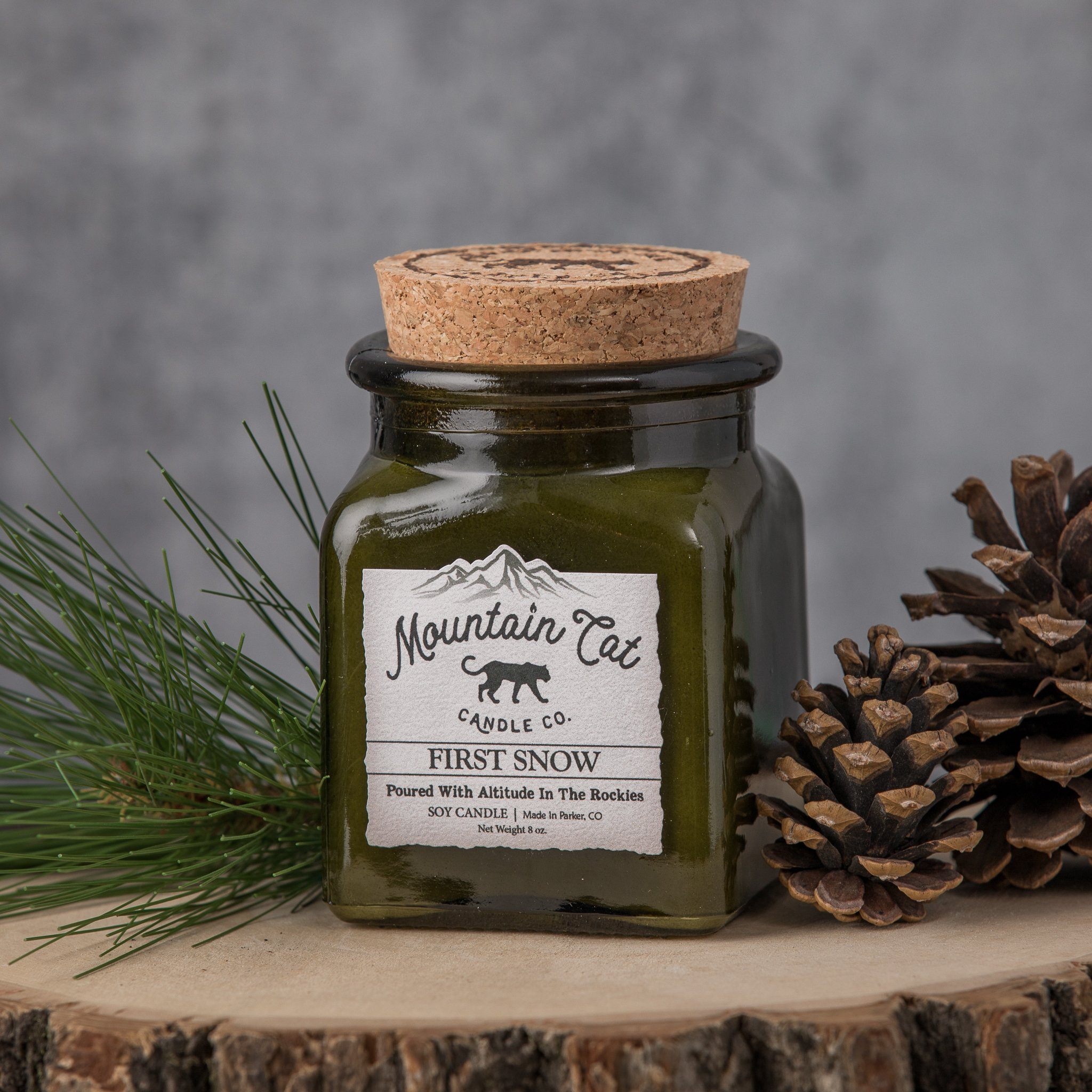 First Snow - Rustic Cabin Collection Candles Mountain Cat Candle Co Vintage Green Jar with Cork Lid 