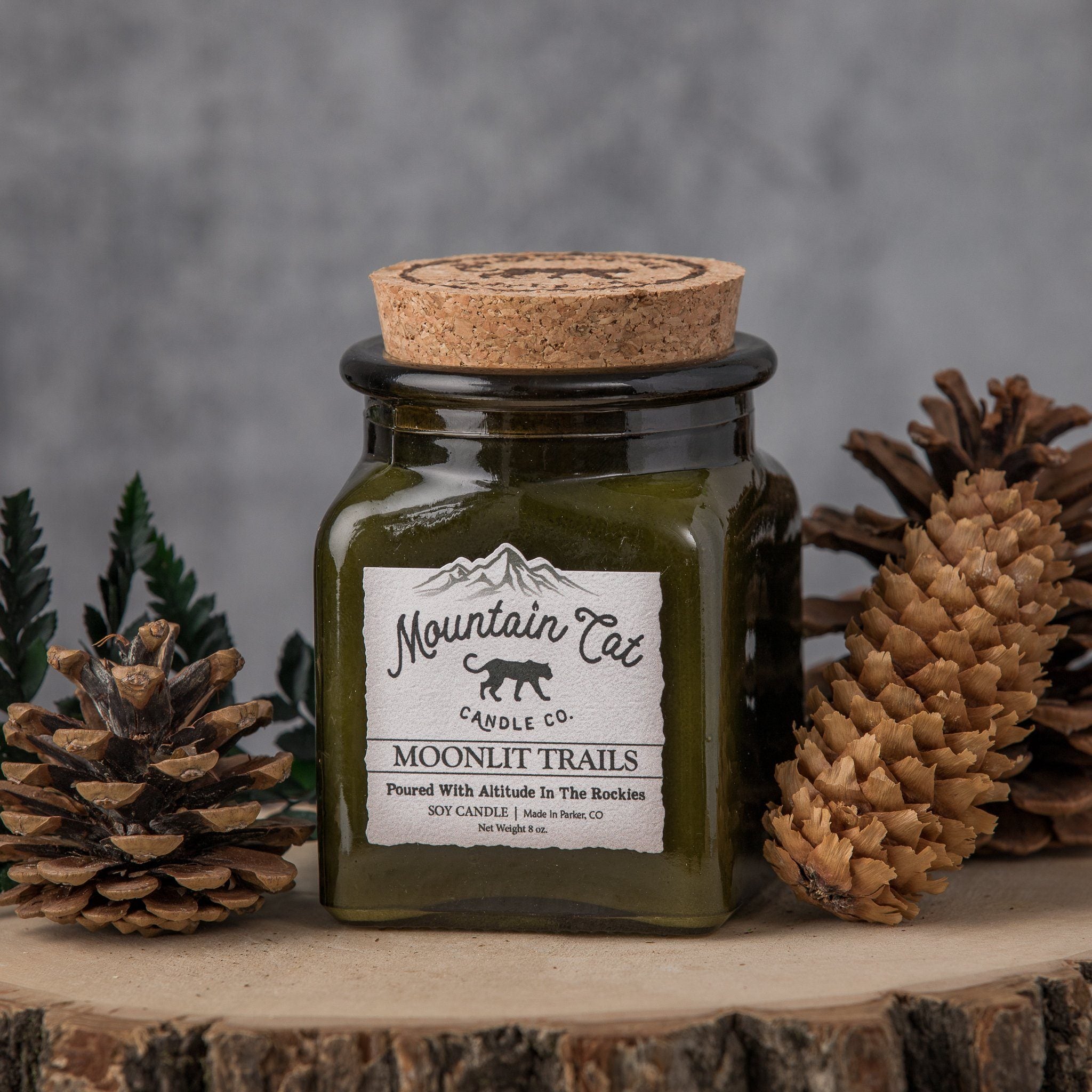 Moonlit Trails - Rustic Cabin Collection Candles Mountain Cat Candle Co Vintage Green Jar with Cork Lid 