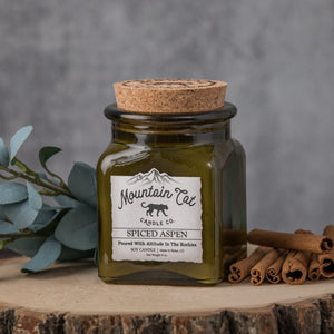 Spiced Aspen - Rustic Cabin Collection Candles Mountain Cat Candle Co Vintage Green Jar with Cork Lid 