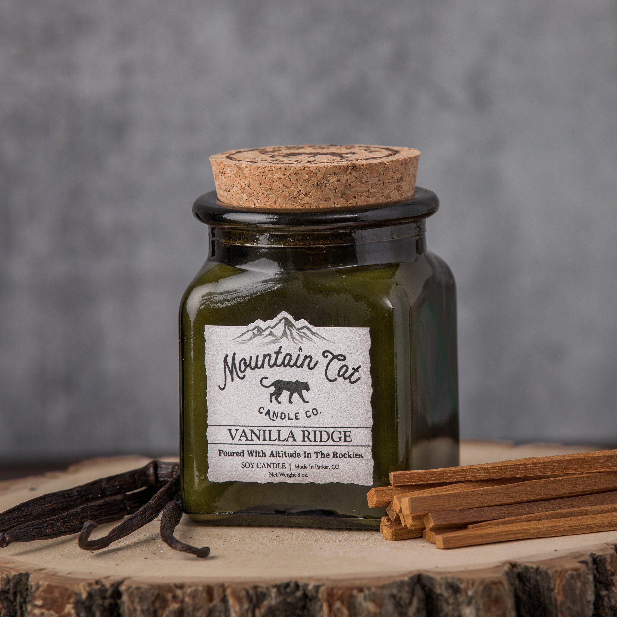 Vanilla Ridge - Rustic Cabin Collection Candles Mountain Cat Candle Co Vintage Green Jar with Cork Lid 
