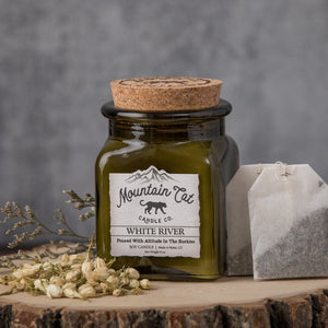 White River - Rustic Cabin Collection Mountain Cat Candle Co. Vintage Green Jar with Cork Lid 